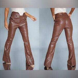 PrettyLittleThing Flare Pants Womens Size 6 Brown Faux Leather Croc Embossed New